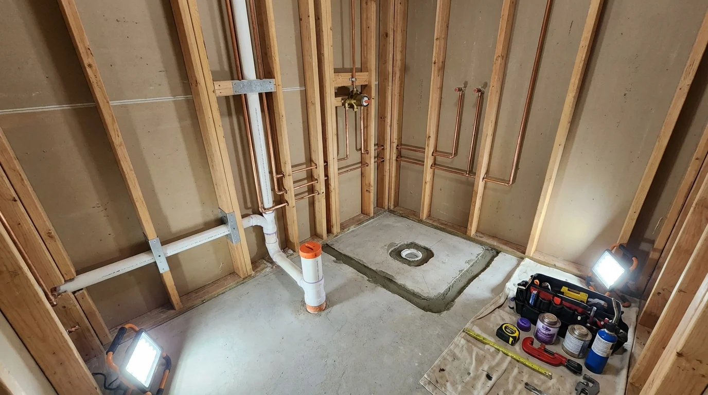 Bathroom rough-in plumbing during remodel by Johns Plumbing LLC in Garden City
