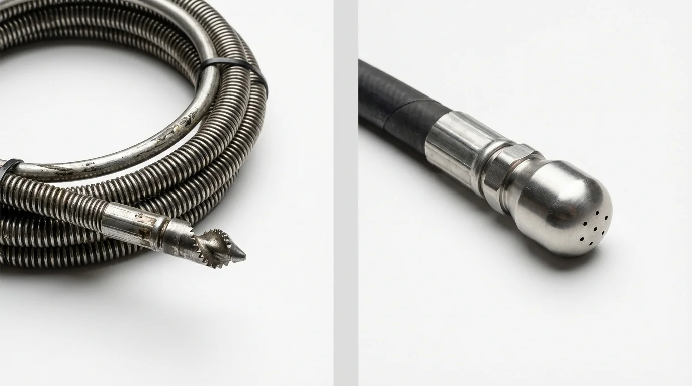 Drain snake cable and hydro jetting nozzle used for drain cleaning in Garden City, KS