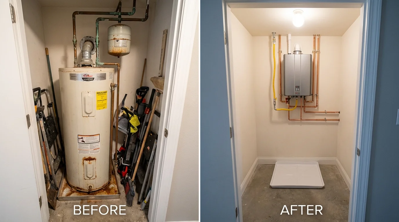 Tank water heater versus wall-mounted tankless unit comparison for Garden City, KS homeowners