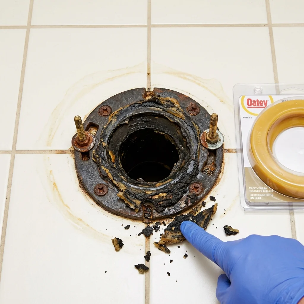 Failed wax ring showing water seepage at the base of a toilet in a Garden City, KS home