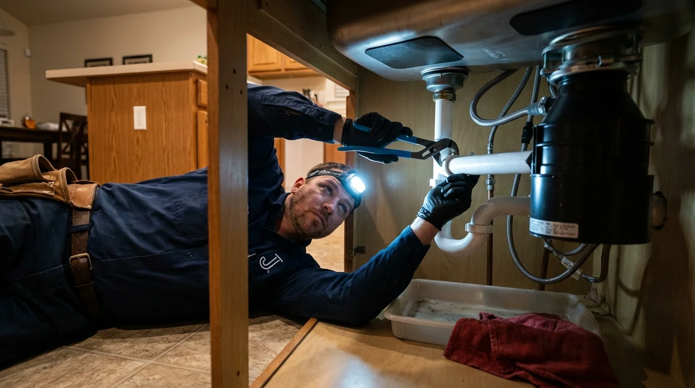 P-trap and supply line connections under a kitchen sink showing a common leak point in Garden City, KS